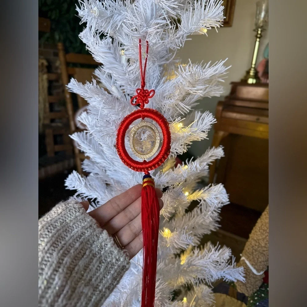 Chinese Feng Shui lucky coin hanging charm with a red knot and tassel Ornament